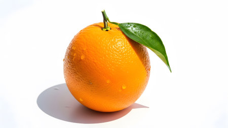 A single ripe orange with a green leaf and water droplets sits on a white surface casting a shadow.