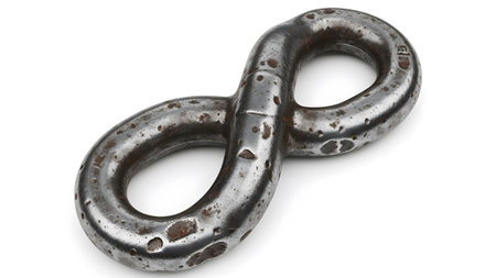 Heavy showing heavy duty metal figure eight chain link with worn texture and rust spots on white...