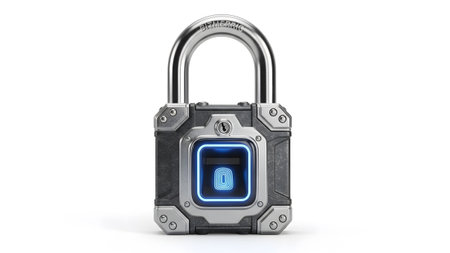A futuristic padlock with a glowing blue fingerprint scanner and a chrome shackle on a white...