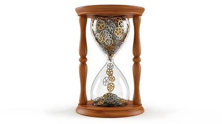 Cogs showing hourglass filled with metallic gears and cogs on a white background.
