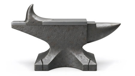 Textured showing grey cast iron blacksmith anvil with a textured surface and a curved horn on a...