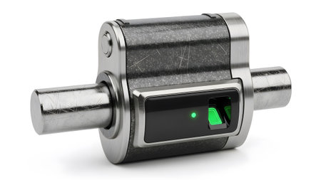 Finish showing futuristic biometric fingerprint lock with metallic finish and green indicator...