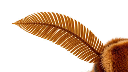 showing macro of a single brown feathery antenna from an insect against a white...