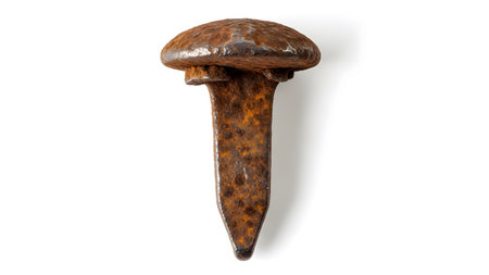 Railroad showing old rusty iron railroad spike with a wide mushroom-shaped head and pointed end...の写真素材