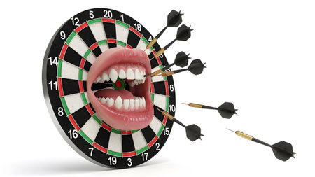 Stuck showing open mouth with white teeth and darts stuck in a dartboard on white background....