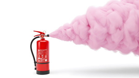 showing red fire extinguisher emitting pink cotton candy smoke on white background.