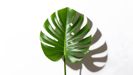 A vibrant green monstera leaf is centered, showing its natural symmetry and a soft shadow.
