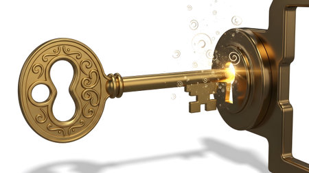 A detailed ornate golden key is partially inserted into a keyhole, emitting a bright glowing...