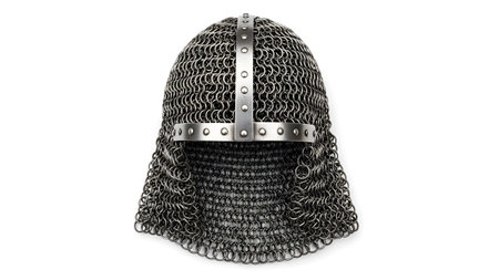 A medieval chainmail helmet with a metal band and rivets, presented front-on against a white...