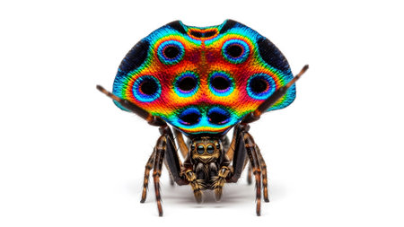 Abdomen showing peacock spider with vibrant rainbow abdomen and black spots on white background....