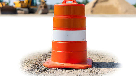 Equipment showing orange traffic barrel with reflective bands on gravel with construction...