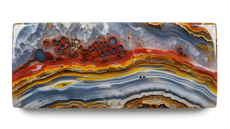 White showing rectangular agate slice with layered bands of red yellow blue and white colors....