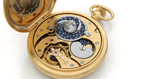 An open golden pocket watch its intricate clockwork and a detailed moon phase dial with stars on...
