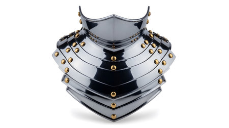 Knight showing intricate medieval knight gorget armor with multiple layers and gold studs.