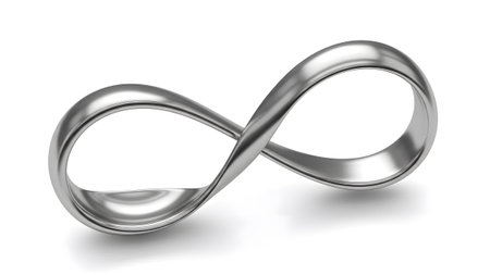 Reflective showing reflective silver infinity symbol with twisted form on white background.