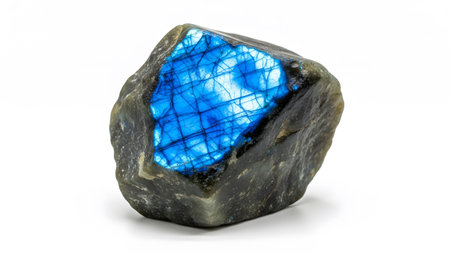 A rough, unpolished labradorite gemstone striking electric blue flashes across its surface on a...