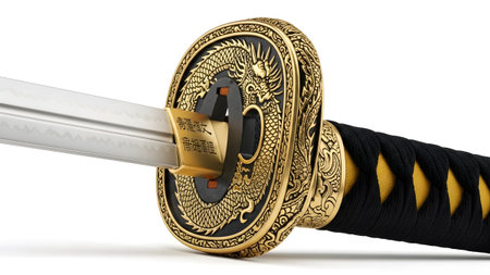 Samurai katana with ornate golden dragon tsuba and partially visible blade on white background.