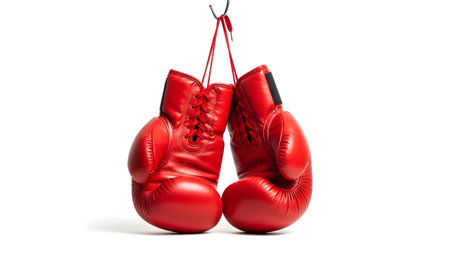 Suspended showing pair of red leather boxing gloves suspended by red laces on a white...