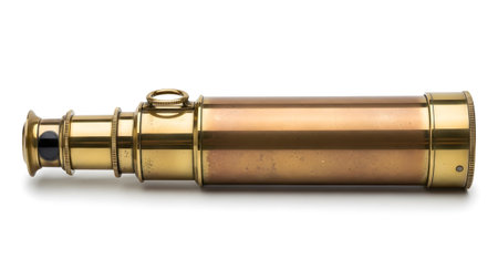 A vintage brass telescope is shown in profile with a small ring and a dark lens, isolated on a...