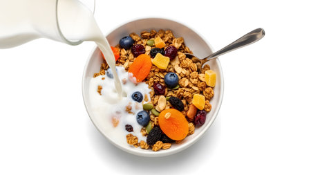 Granola showing pouring milk into a white bowl of granola with dried fruit blueberries and...