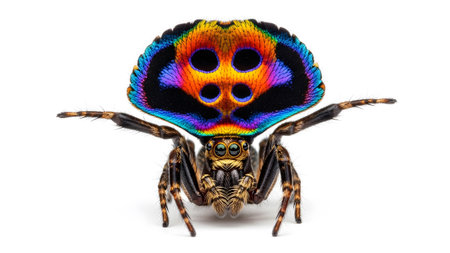 Abdomen showing peacock spider with rainbow abdomen and four black spots on white background....