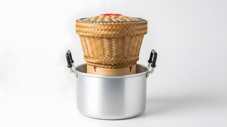 A woven bamboo basket with a red string lid sits on a silver metal pot with black handles.の写真素材