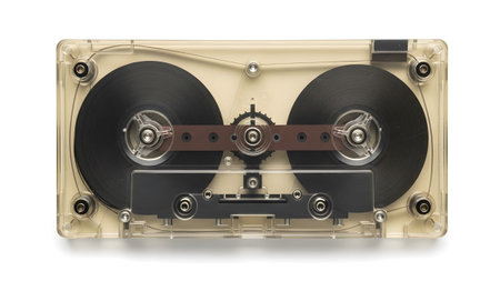 A transparent cassette tape reveals its internal mechanism with two black reels and brown...