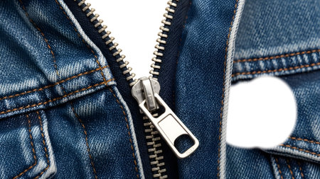 Denim showing silver zipper pull on a blue denim jacket with visible stitching and a white...