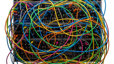 Synthesizer showing tangled colorful patch cables connecting a complex modular synthesizer...