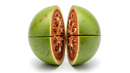 Two halves of a green bael fruit are positioned apart, displaying their fibrous pulp and visible...