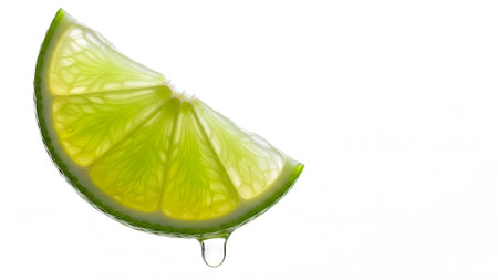 Translucent lime slice with juice droplet against white background isolated....