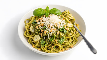 A white bowl of spaghetti pasta with green pesto, sprinkled with grated parmesan cheese and pine...の写真素材