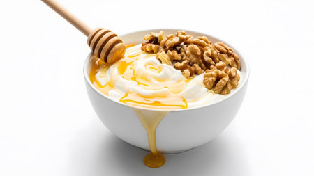 (453) showing white bowl of yogurt with honey and walnuts and a wooden honey dipper dripping...の写真素材