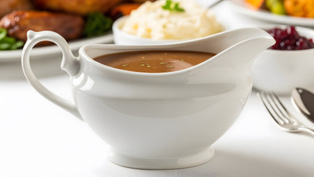 Holiday showing white gravy boat filled with brown gravy beside a festive holiday meal setting....