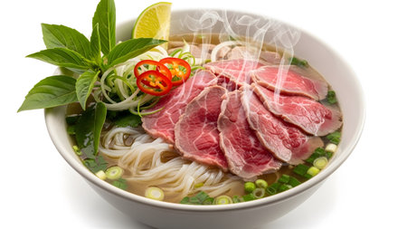 Steaming showing steaming bowl of vietnamese pho soup with thinly sliced beef, noodles, chili,...