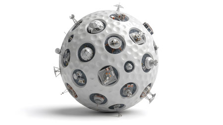 Ball showing white golf ball covered in various space exploration modules and antennas on a...
