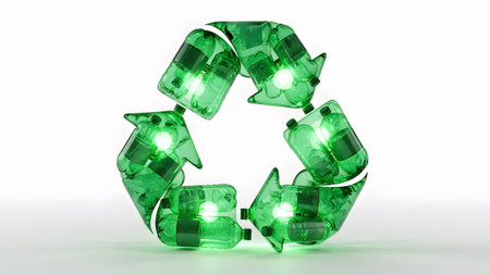 Recycling showing green plastic bottles form a recycling symbol with glowing lights.