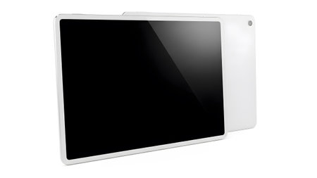 White showing white tablet computer with a black screen and a second tablet in the background on...