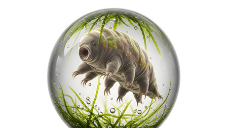 Inside showing microscopic tardigrade water bear inside clear bubble with green algae and...