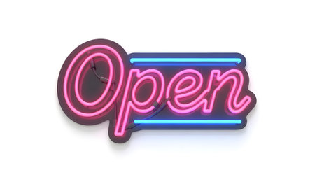 A neon sign with the word Open glows in pink and blue against a white background....