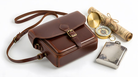 Leather showing vintage leather satchel compass map and flask on white background.