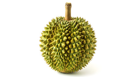 White showing spiky green durian fruit with short stem on white background. resolution...