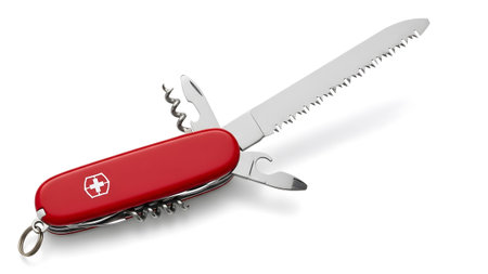White showing red army knife with saw blade and corkscrew extended on white background....
