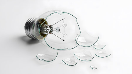 A broken incandescent light bulb rests on a white surface, with numerous sharp glass fragments...