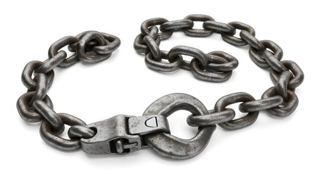 A heavy duty metal chain with a hook and clasp, exhibiting some rust, is displayed on white.