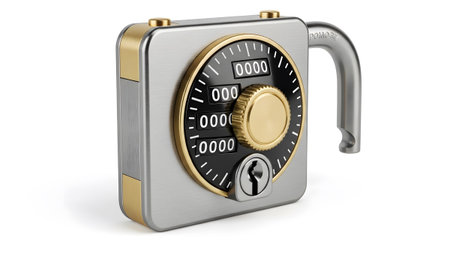 An open silver and gold combination padlock with black numbered dials and a keyhole is shown...