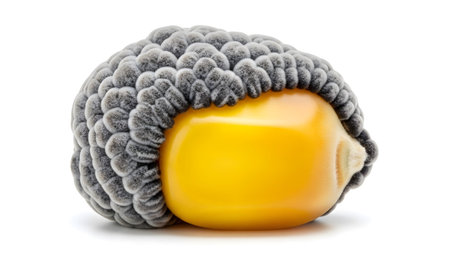 A bright yellow corn kernel is partially covered by a textured grey cap,...
