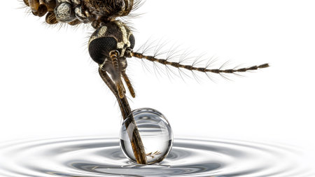 showing mosquito head and leg with water droplet and ripples on white background.