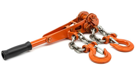 Hoist showing orange ratchet lever chain hoist with metal hooks and chain on white.