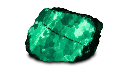 Green showing luminous green malachite mineral specimen with translucent crystalline structure....